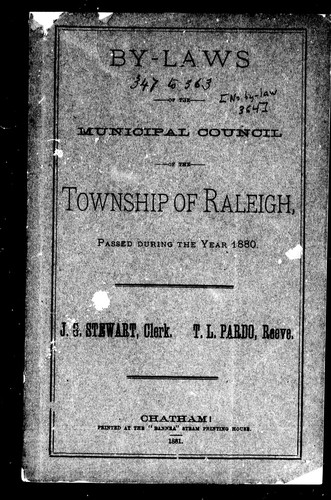 Cover for By-laws of the Municipal Council of the township of Raleigh, passed during the year 1880