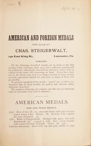 Cover for American and foreign medals. [Fixed price list, Sept. 1903]