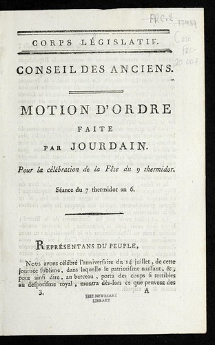 Cover for Motion d'ordre faite par Jourdain, pour la ce le bration de la fe te du 9 thermidor