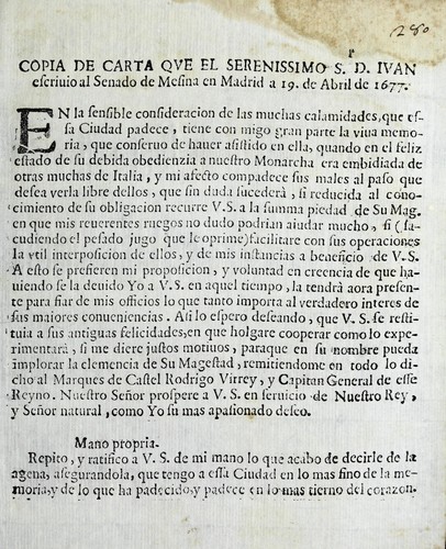 Cover for Copia de carta que el serenissimo sr. d. Ivan escriuio al Senado de Mesina en Madrid a 19. de abril de 1677