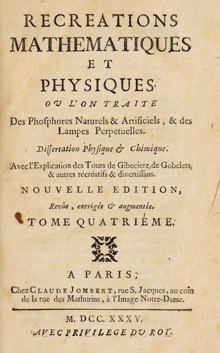 Cover for Recreations mathematiques et physiques ...