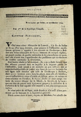 Cover for [Letter from Charles-Franc ʹois-Joseph d'Awans regarding loss of military pension]