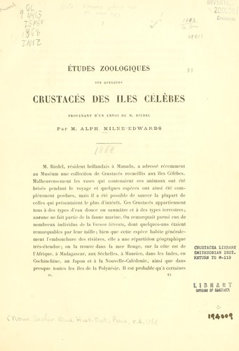 Cover for Études zoologiques sur quelques Crustacés des Iles Célèbes provenant d'un envoi de M. Riedel.