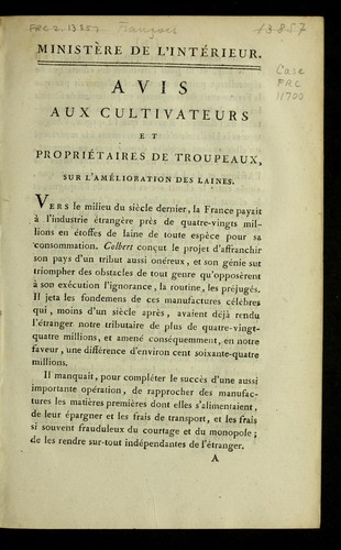 Cover for Avis aux cultivateurs et proprie taires de troupeaux sur l'ame lioration des laines