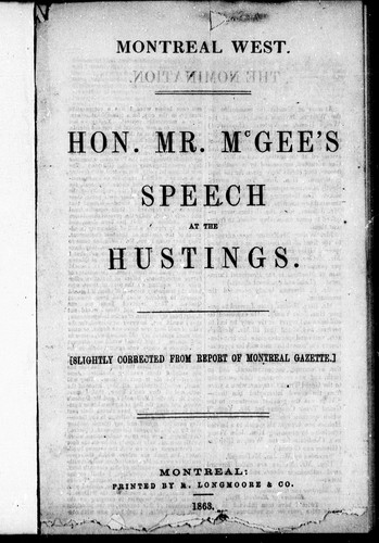 Cover for Hon. Mr. McGee's speech at the hustings