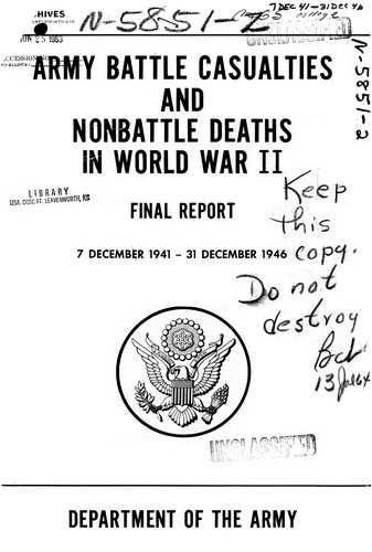 Cover for Army battle casualties and nonbattle deaths in World War II. Final report, 7 December 1941-31 December 1946.