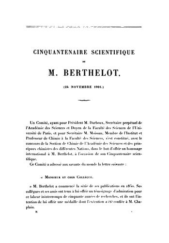 Cover for Cinquantenaire scientifique de M. Berthelot, 24 novembre 1901.