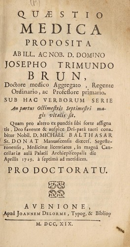 Cover for Quaestio medica ... Sub hac verborum serie An partus octimestris septimestri magis vitalis sit