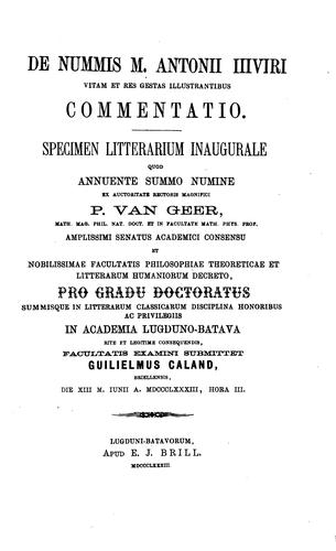Cover for De nummis M. Antonii Illviri vitam et res gestas illustrantibus commentatio