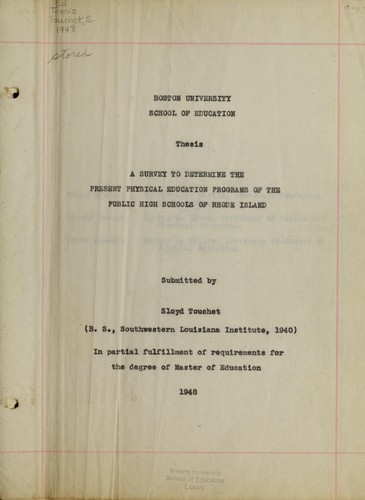 Cover for A survey to determine the present physical education programs of the public high schools of Rhode Island
