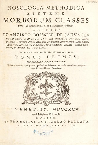 Cover for Nosologica methodica sistens morborum classes, genera et species