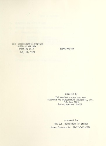Cover for CDIF socioeconomic analysis, Butte-Silver Bow baseline data