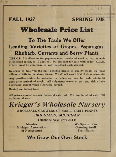 Cover for Wholesale price list, fall 1937 spring 1938