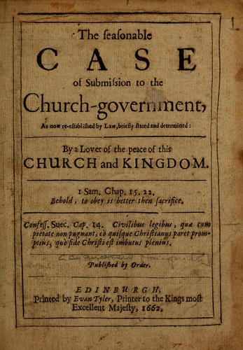 Cover for The seasonable case of submission to the church-government, as now re-established by law, briefly stated and determined