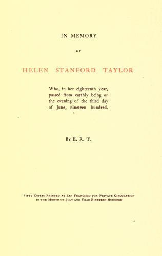 Cover for In memory of Helen Stanford Taylor