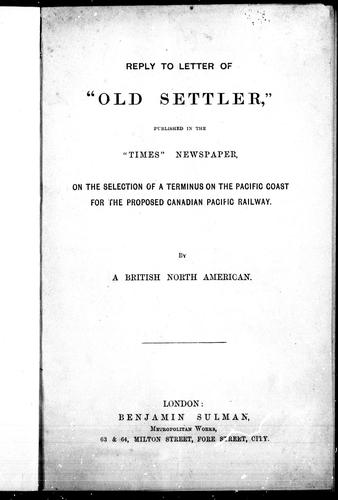 Cover for Reply to letter of "Old settler", published in the "Times" newspaper