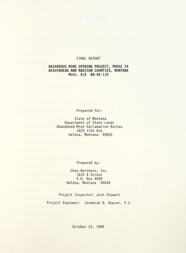 Cover for Hazardous Mine Opening Project, phase 24, Beaverhead and Madison Counties, Montana, Mont. A/E 88-46-110