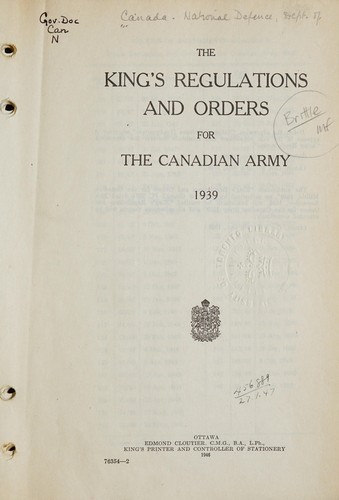 Cover for The King's regulations and orders for the Canadian Army, 1939.