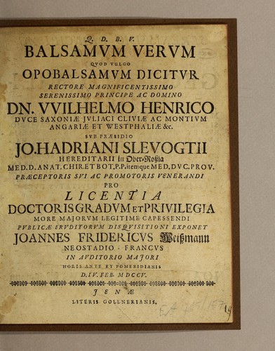 Cover for Balsamum verum quod vulgo opobalsamum dicitur