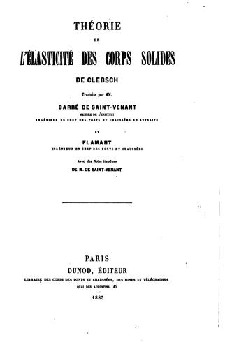 Cover for Theorie de L'Elasticite des Corps Solides de Clebsch