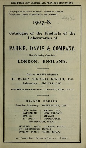 Cover for 1907-8 catalogue of the products of the laboratories of Parke, Davis & Company, manufacturing chemists, London, England