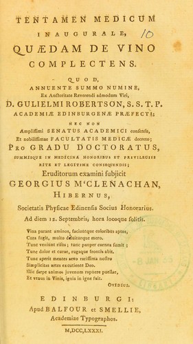 Cover for Tentamen medicum inaugurale, quaedam de vino complectens