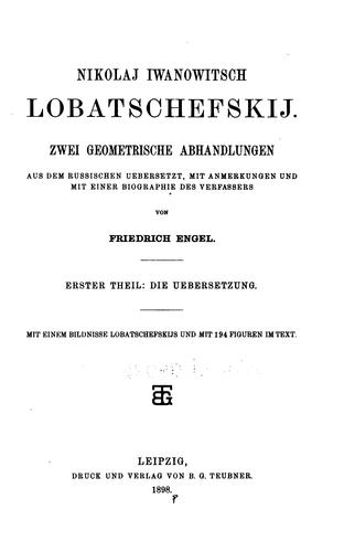 Cover for Zwei geometrische abhandlungen aus dem russischen uebersetzt, mit anmerkungen und mit einer biographie des verfassers
