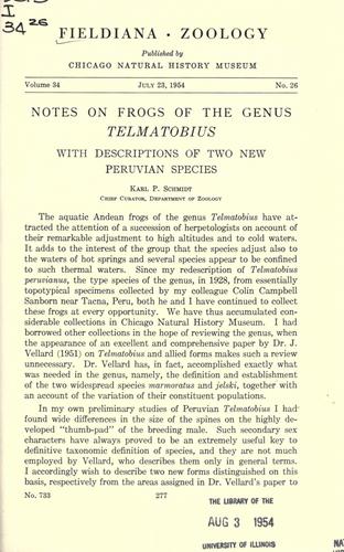 Cover for Notes on frogs of the genus Telmatobius