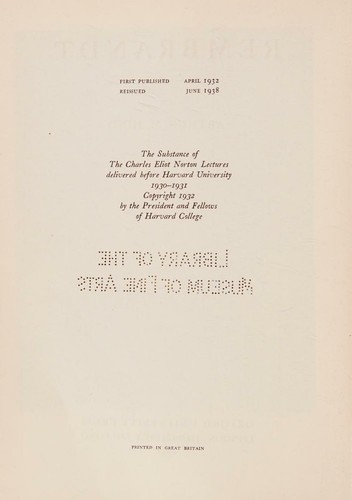 Cover for Rembrandt (Charles Eliot Norton lectures)