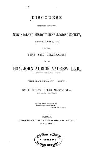 Cover for Discourse Delivered Before the New-England Historic-genealogical Society, Boston, April 2, 1868 ...