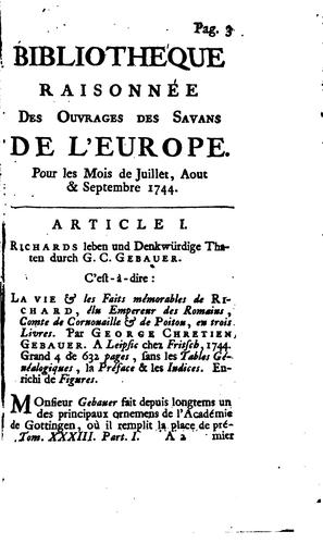 Cover for Bibliothèque raisonnée des ouvrages des savans de l'Europe