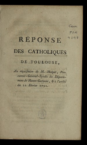 Cover for Re ponse des Catholiques de Toulouse