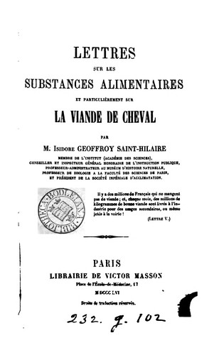 Cover for Lettres sur les substances alimentaires et particulièrement sur la viande de cheval.