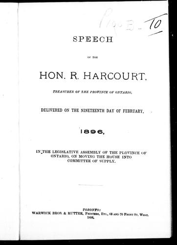 Cover for Speech of the Hon. R. Harcourt, treasurer of the province of Ontario