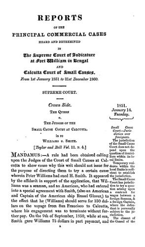 Cover for Reports of the principal commercial cases, heard & determined in the Supreme court of judicature at Fort William in Bengal, and the Calcutta Court of small causes, from 1st January 1851 to 31st December 1860