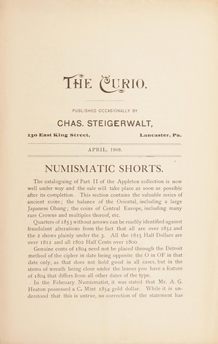 Cover for The curio. [Fixed price list, April 1909]