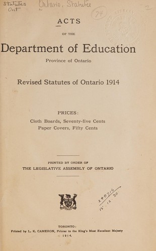 Cover for ACTS OF THE DEPARTMENT OF EDUCATION, PROVINCE OF ONTARIO; REVISED STATUTES OF ONTARIO 1914