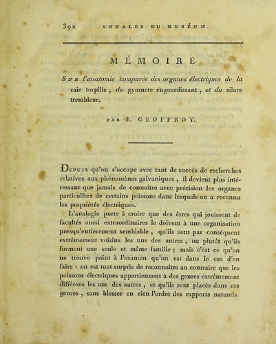 Cover for M©♭moire sur l'anatomie compar©♭e des organes ©♭lectriques de la raie torpille, du gymnote engourdissant, et du silure trembleur
