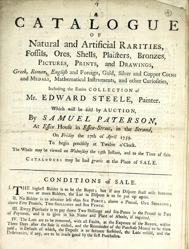 Cover for A catalogue of natural and artificial rarities, fossils, ores, shells, plaisters, bronzes, pictures, prints, and drawings, ... coins and medals, mathematical instruments, and other curiosities