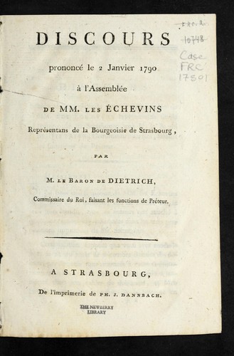 Cover for Discours prononce  le 2 janvier 1790 a   l'assemble e de MM. les e chevins, repre sentans de la bourgeoisie de Strasbourg
