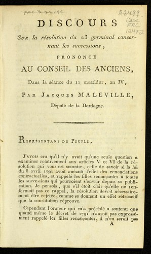 Cover for Discours sur la re solution du 23 germinal concernant les successions