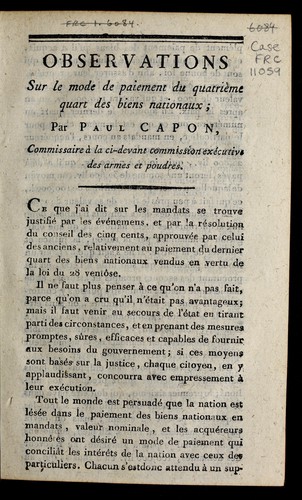 Cover for Observations sur le mode de paiement du quatrième quart des biens nationaux