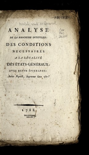 Cover for Analyse de la brochure intitule e, Des conditions ne cessaires a   la le galite  des E tats-ge ne raux