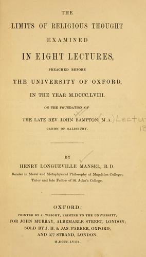 Cover for The limits of religious thought examined