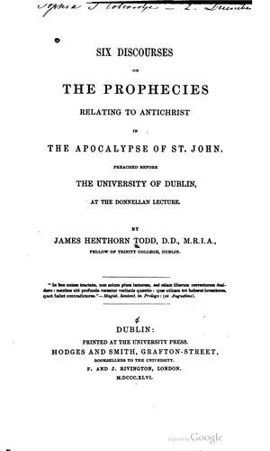Cover for Six discourses on the prophesies relating to Antichrist in the Apocalypse of St. John
