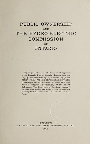 Cover for Public ownership and the Hydro-Electric Commission of Ontario