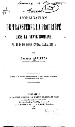 Cover for L'obligation de transférer la propriété dans la vente romaine: fr. 16. D. de ...