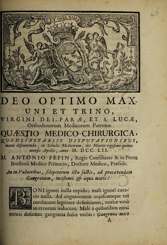 Cover for Quaestio medico-chirurgica ... An in vulneribus, sclopetorum ictu factis, ad praecavendam gangraenam, incisiones et aqua maris?