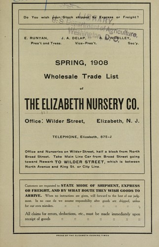 Cover for Wholesale trade list of the Elizabeth Nursery Co
