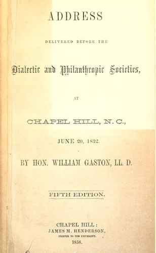 Cover for Address delivered before the Dialectic and Philanthropic societies, at Chapel Hill, N.C., June 20, 1832